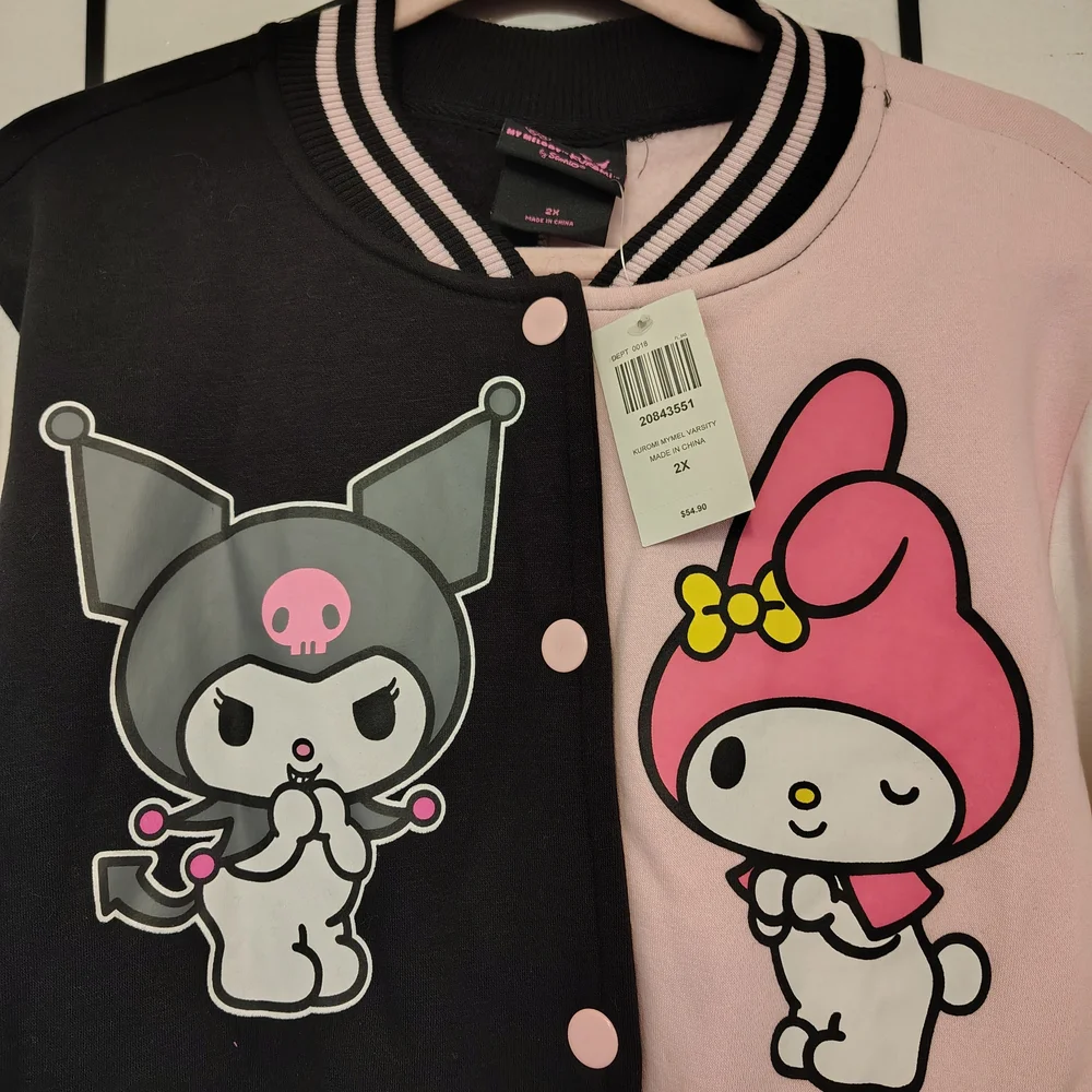 Pink and Black Varsity Jacket with Cartoon Characters - Picture 2 of 7